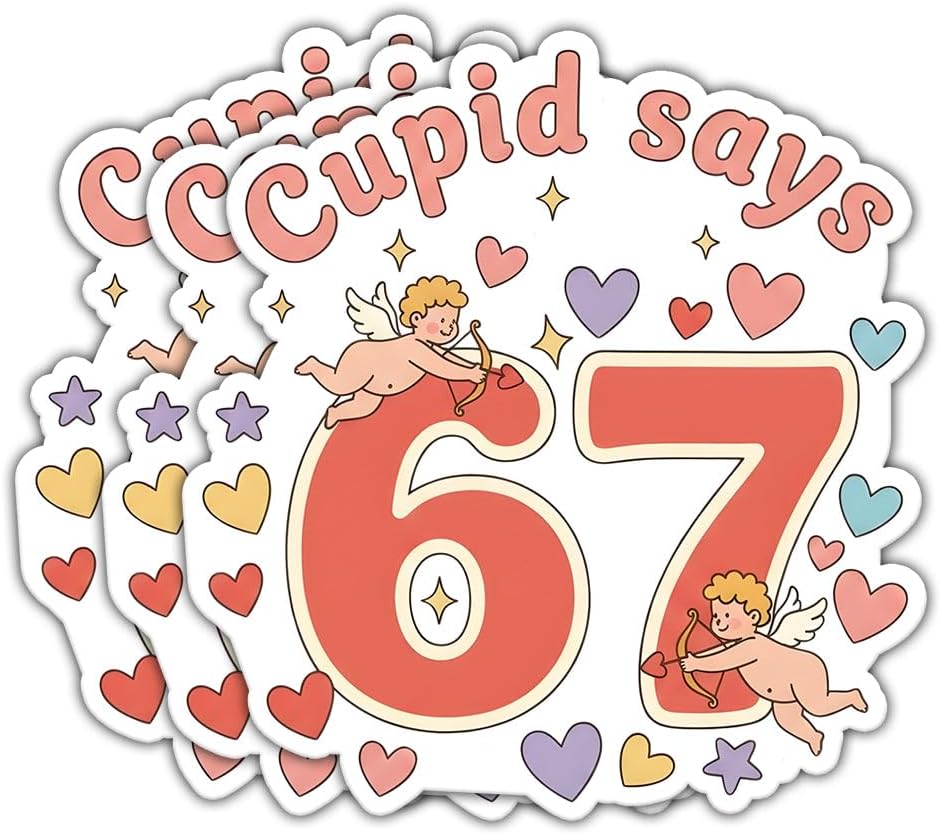 (3 Pcs) Cupid Says 67 Sticker - Funny Cupid Brainrot Stickers - GenZ Alpha Trending Decal Gift for Him Or Her - Dark Humor - Decal 3 Inch for Laptop Notebook