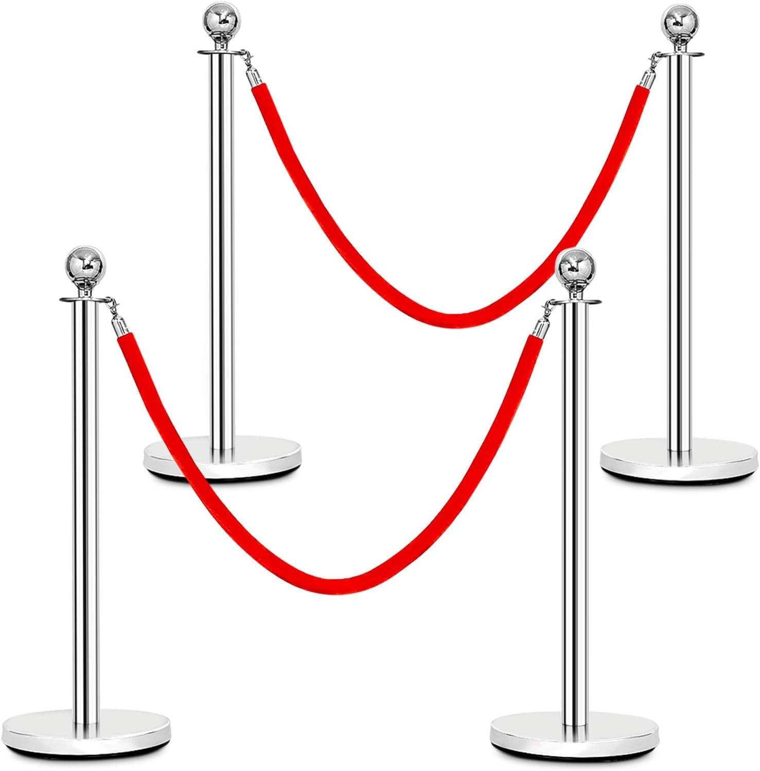 Poteaux de Guidage avec Corde en Velour Rouge 1,5 m, Barrière de Queue pour Contrôle de Foule, Base Creuse Argent