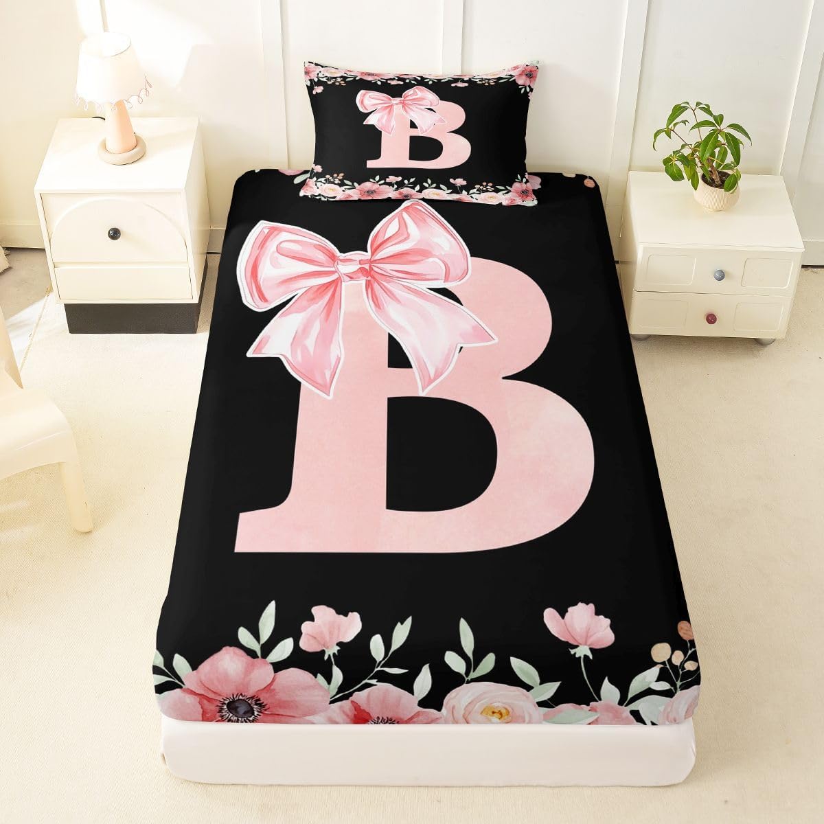 Initial Letter B Twin Bed Sheets Pink Bow Ribbon Tie Fitted Sheet,Spring Floral Kids Bedding Sets Dreamy Flowers Sheets with 1 Pillowcase