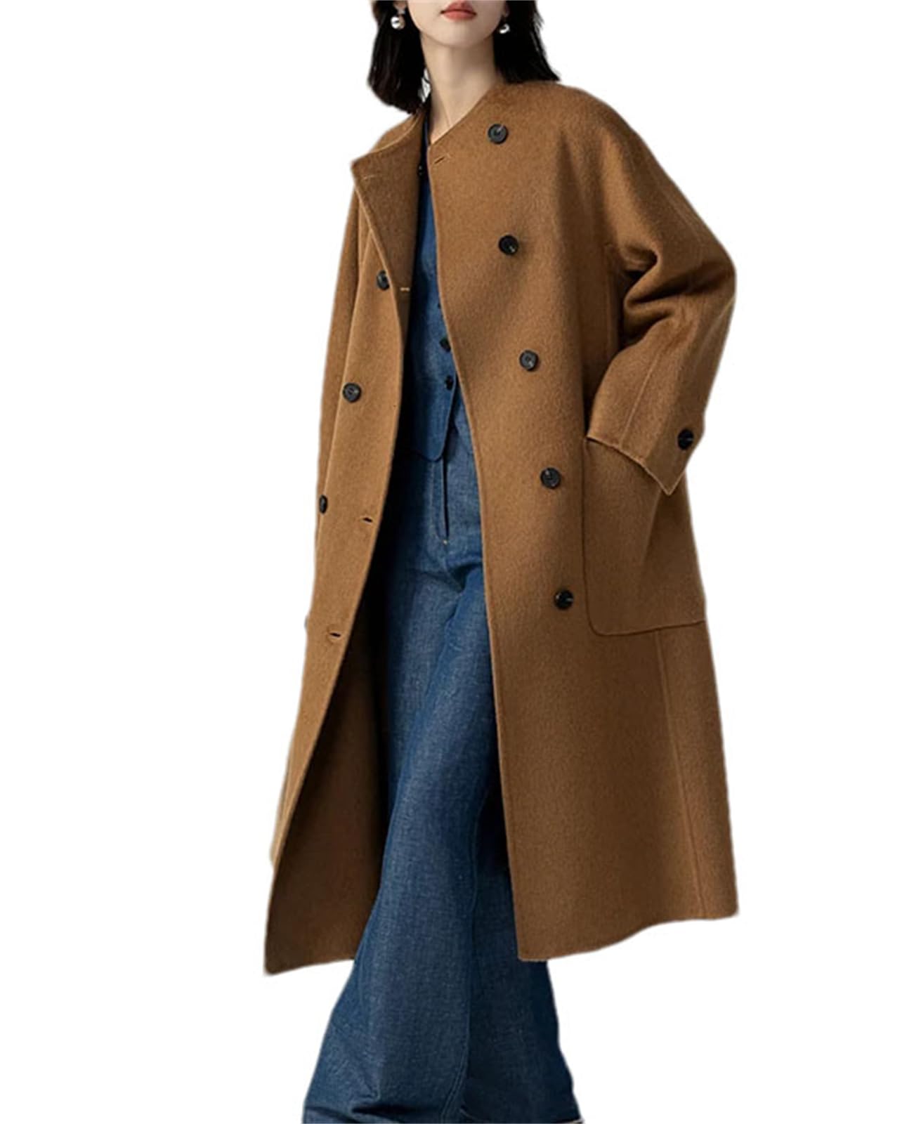 Women'S Alpaca Round Neck Long Coat Double Breasted Pockets Comfortable Warm Woolen Trench Coat