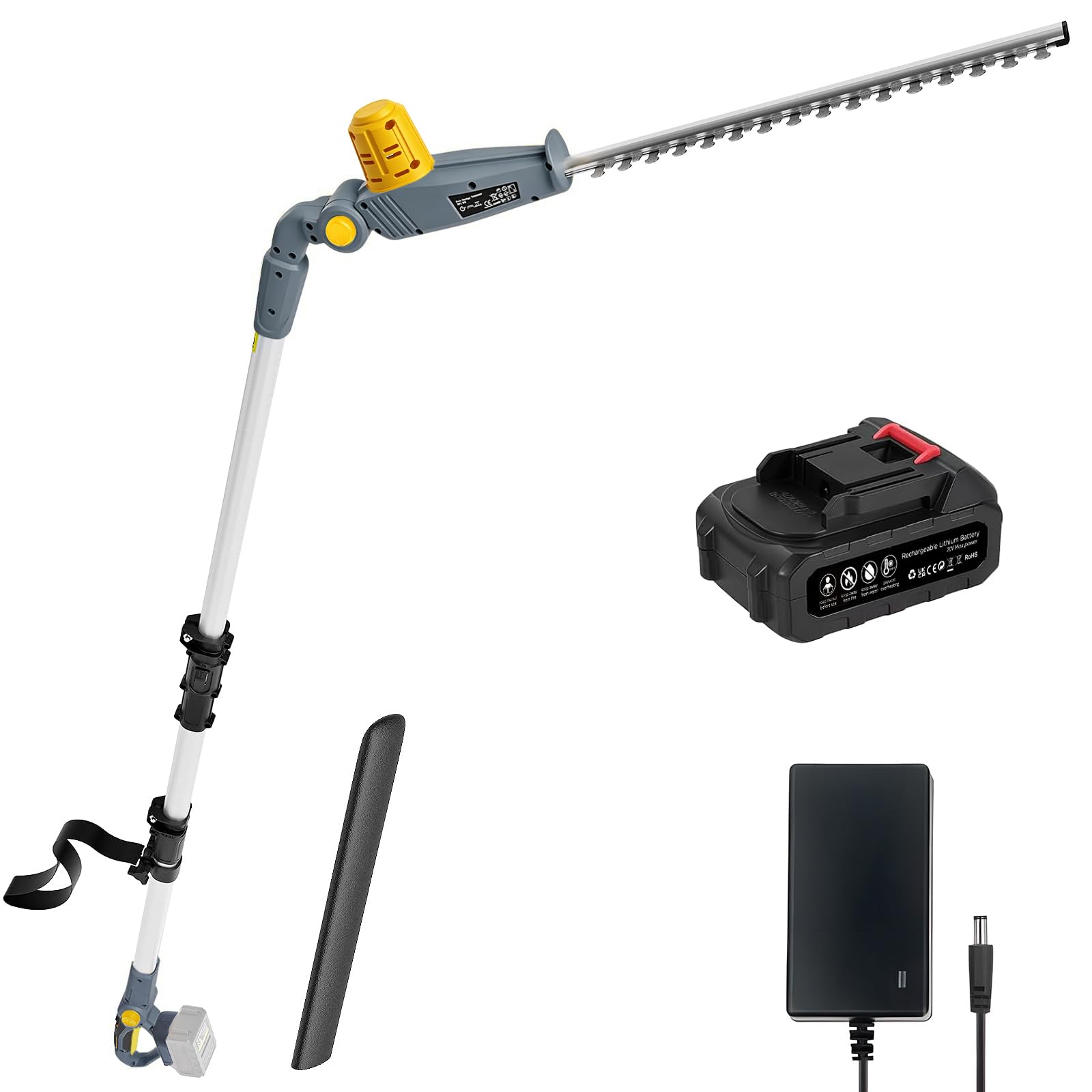 Cordless Hedge Trimmer Long Reach with Battery and Charger, 20V Telescopic Extendable Hedge Cutter, 2.4m Pole 45cm Dual Blade 150° Adjustable Head, Shoulder Strap Included, Fits Makita 18V Batteries