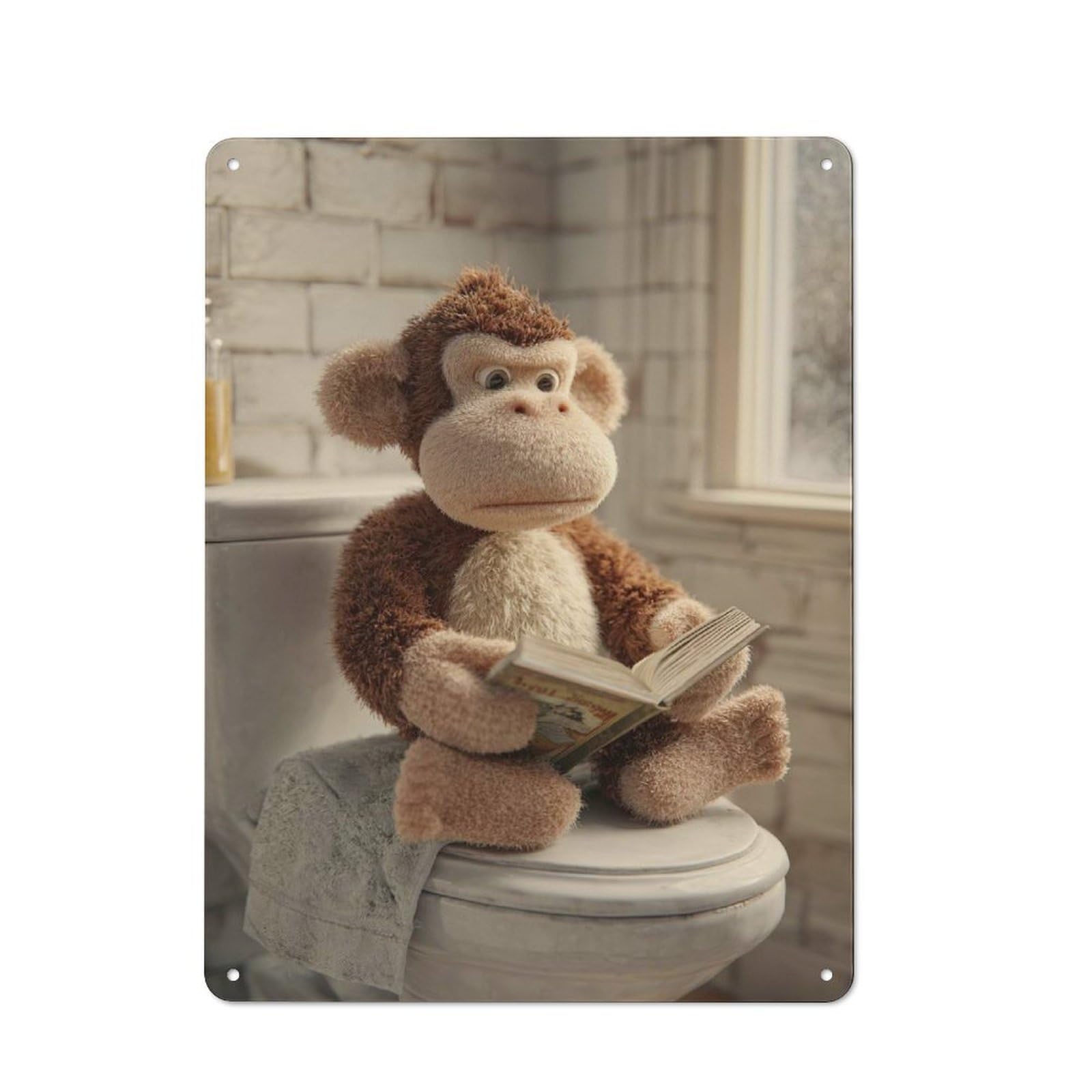 Junmoney Style Metal Plaque 40X30cm With Monkey Reading A Book On A Toilet For Pub Or Café, Vintage Decor, For Vintage Wall Decor Fans, For Metal Sign Collectors