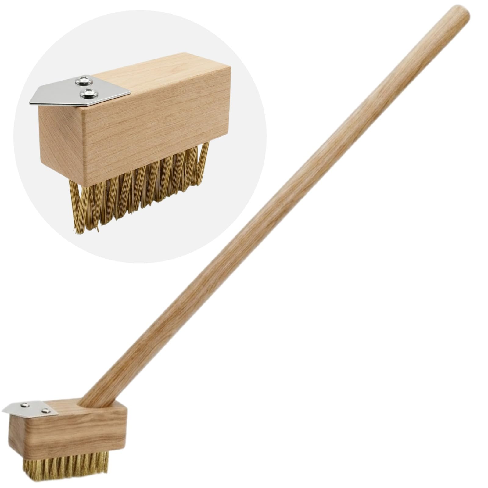 KAYNUR Weed Brush with Long Handle for Patios, Block Paving and Driveways, Angled Brass Wire Bristles with Metal Scraper, 120cm Wooden Handle Moss and Weed Remover Tool