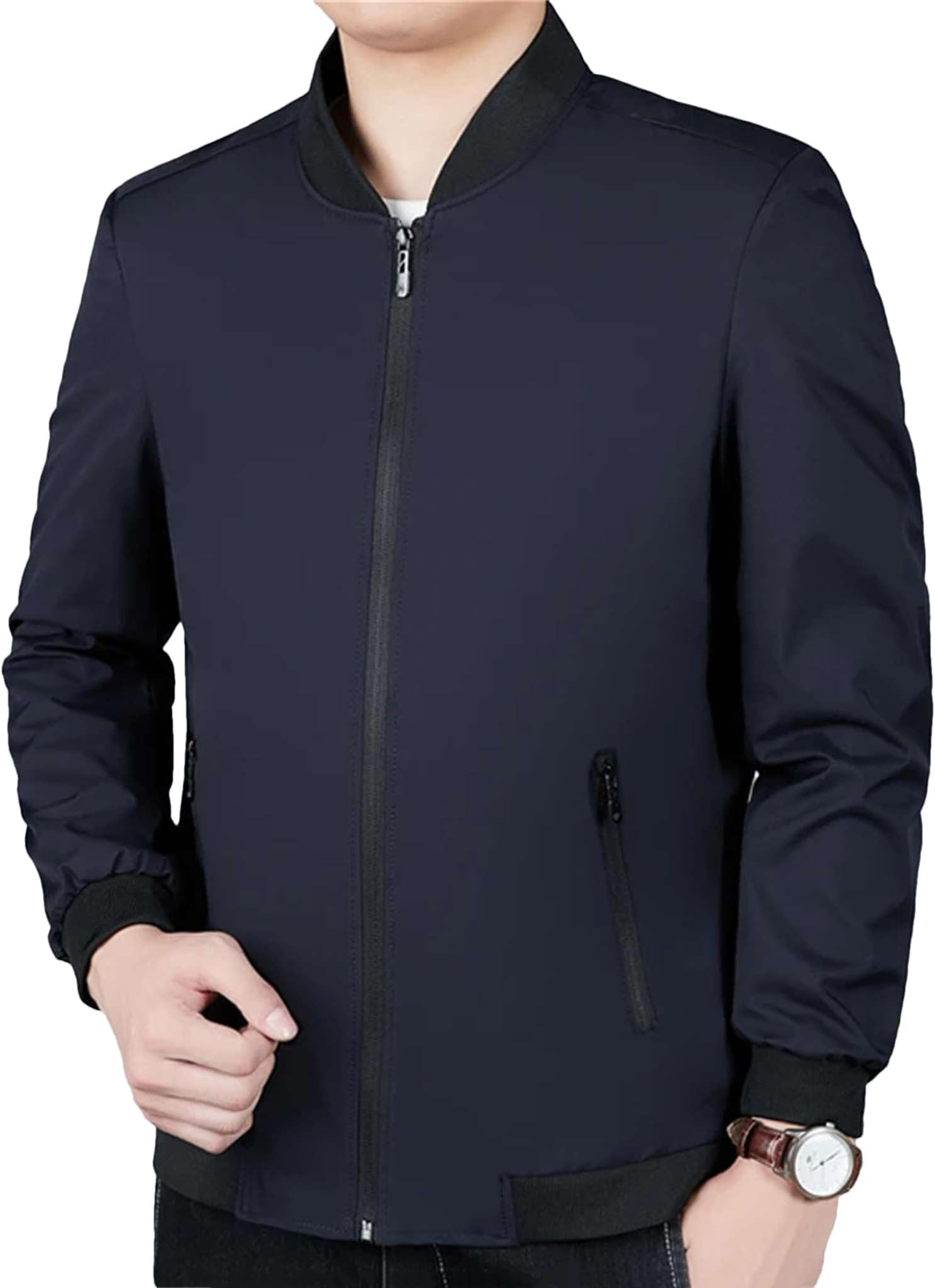 Men's Casual Baseball Jacket Full-Zip Solid Color Slim Fit Coat with Pocket Formal Business Lightweight Outwear