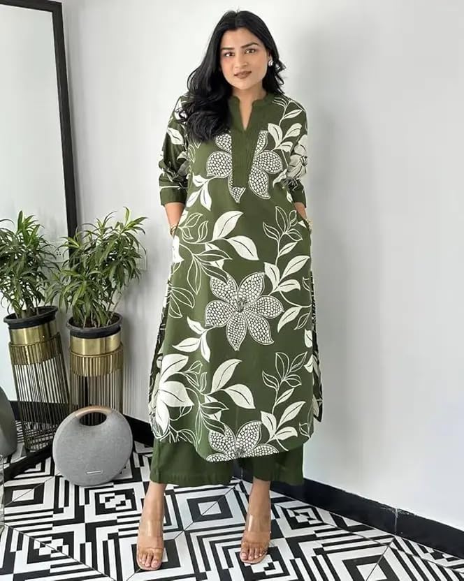 Image of MEERA FAB Women's Pure Cotton Printed Ethnic Wear Straight Kurta Set with Palazzo Pants