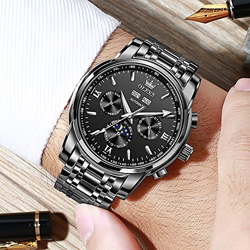 Image of OLEVS Automatic Men Watch Self Winding Mechanical Luxury Dress Moon Phase Stainless Steel Waterproof Luminous Calendar Wrist Watch