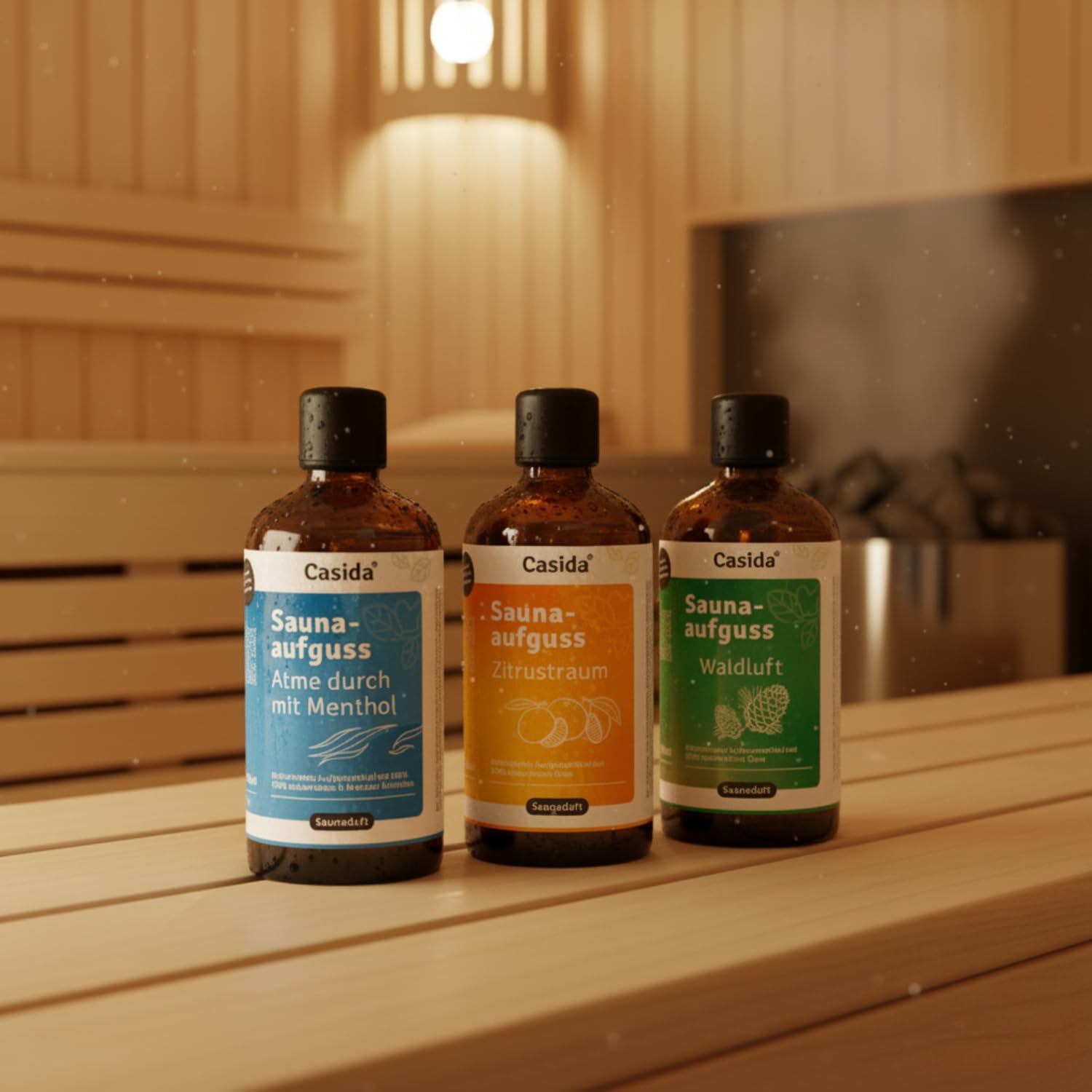 Casida Infusión para sauna Bestseller Set – 3 populares infusiones para sauna con aceites esenciales 100% naturales (aire del bosque, sala de cítricos, respirar a través) – Sin fragancias sintéticas