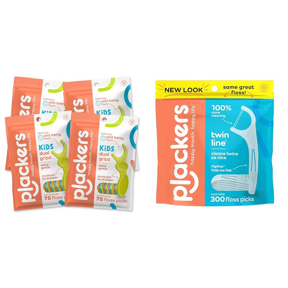Plackers Kids Dual Gripz Floss Picks with Double Grip Handle Wild Berry Flavor Twin-Line Dental Flossers Cool Mint