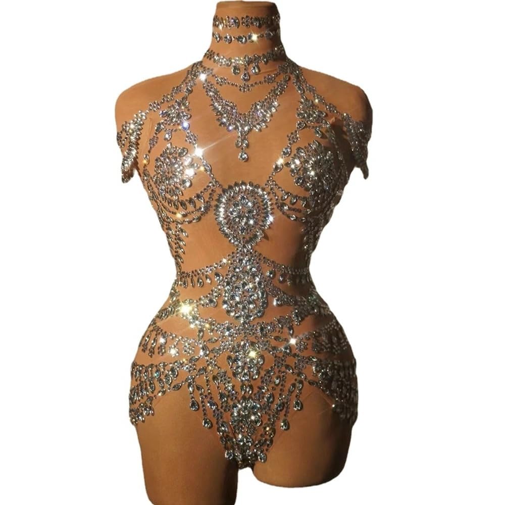 Luxe bodysuit met strass steentjes for dames, sexy mesh nachtclub danspakje, performance kostuum, zanger, danseres, show