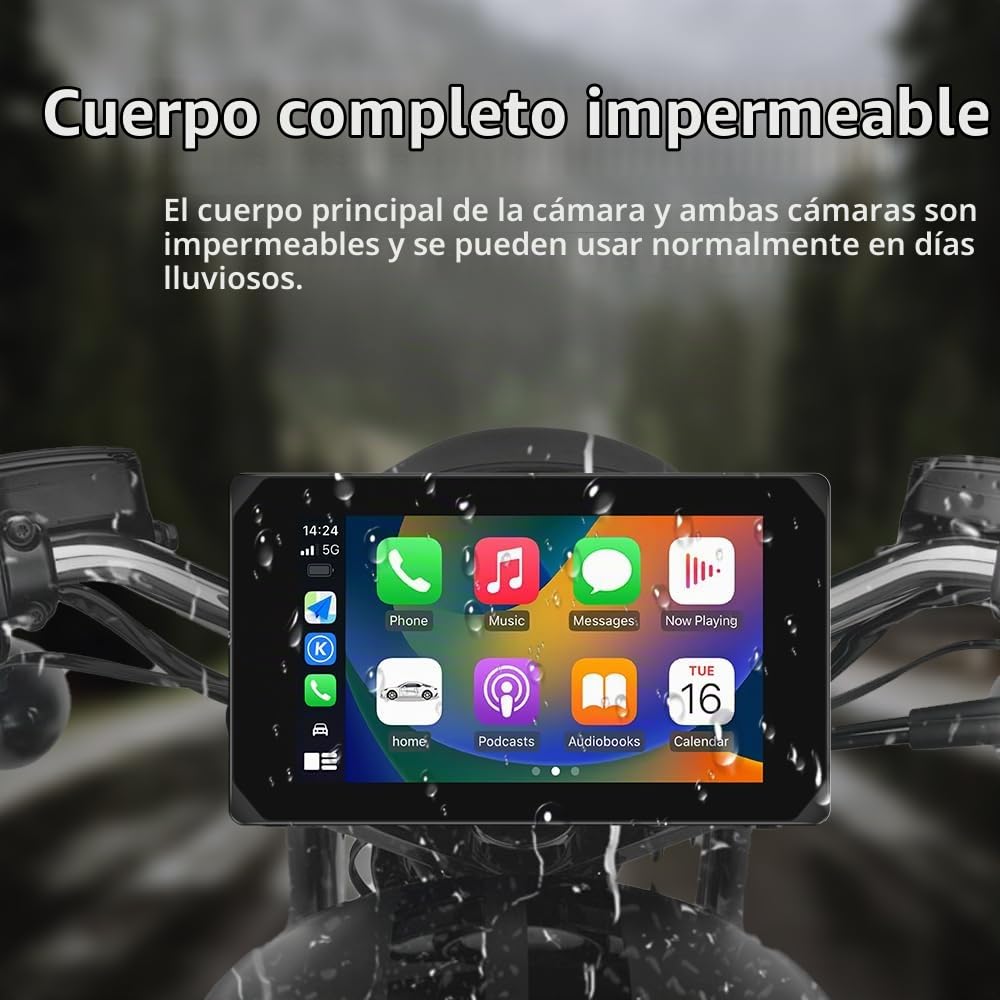 VSYSTO Carplay inalámbrico y Android Auto para Motocicleta, 5 Pulgadas Carplay Portátil con Soporte, Dashcam Delantero Trasero 1080P, Pantalla Táctil Impermeable con Bluetooth, Navegación GPS, TPMS