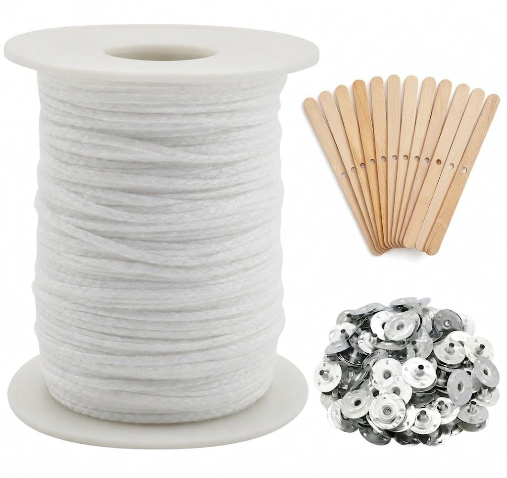Candle Wick Natural Cotton Braided Threads with 50 Pcs Sustainer Tabs & 10 Wooden Wick Holders I Spool Roll Pre Waxed Wicks I for DIY Handmade Craft & Wax Candles I White - 61 Meter-image-12