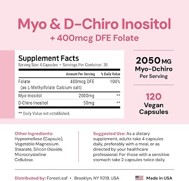 Myo-Inositol & D-Chiro Inositol Supplement for Women's Health | Fertility Supplements Women | Inositol 40:1 Ratio Support Ovarian Function & Healthy Hormone Balance Women | 2050mg | 120 Powder Caps