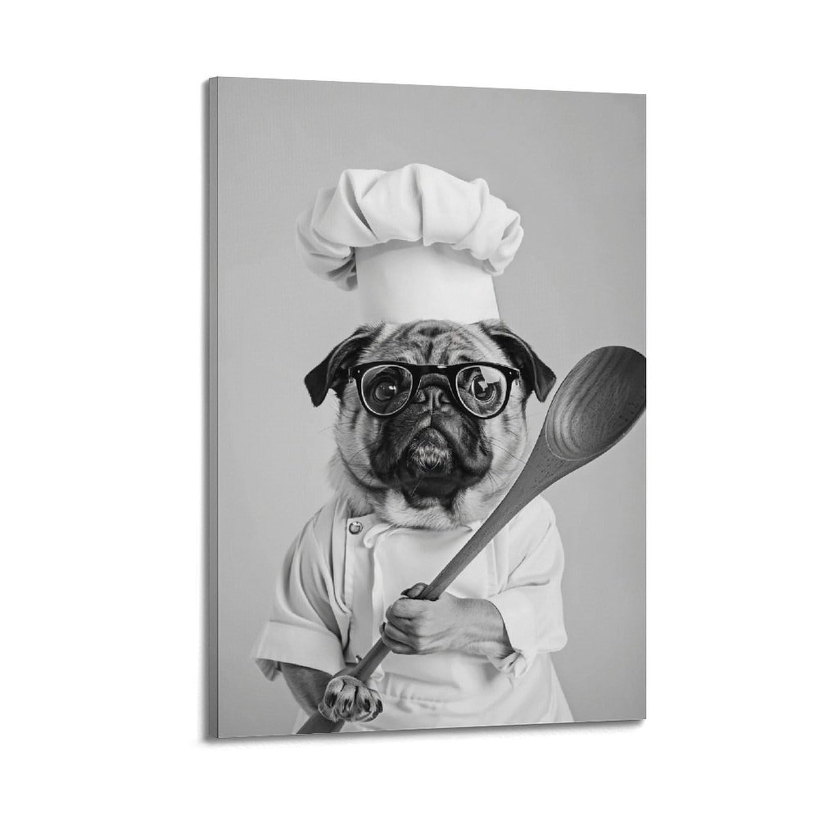 HUERYRYHY Chef Pug Monochrome 03 Poster Wall Art Canvas Vintage Aesthetic Painting Decor for Rooms 20x30inch Frame-style