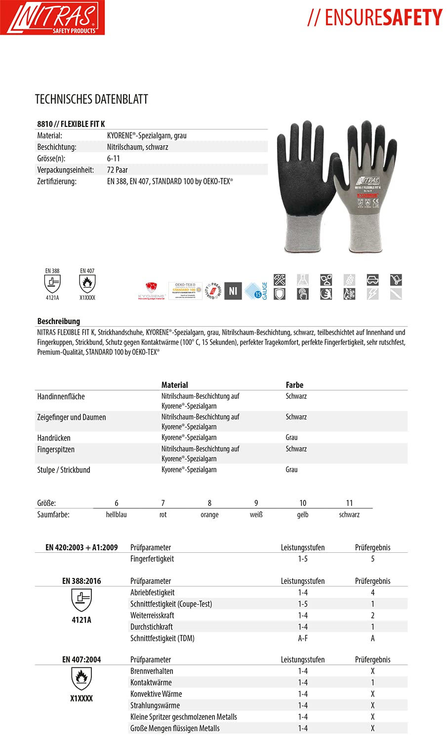 NITRAS 8810 FLEXIBLE FIT K Rękawice robocze - EN 388 - Szare/Czarne - 07/S