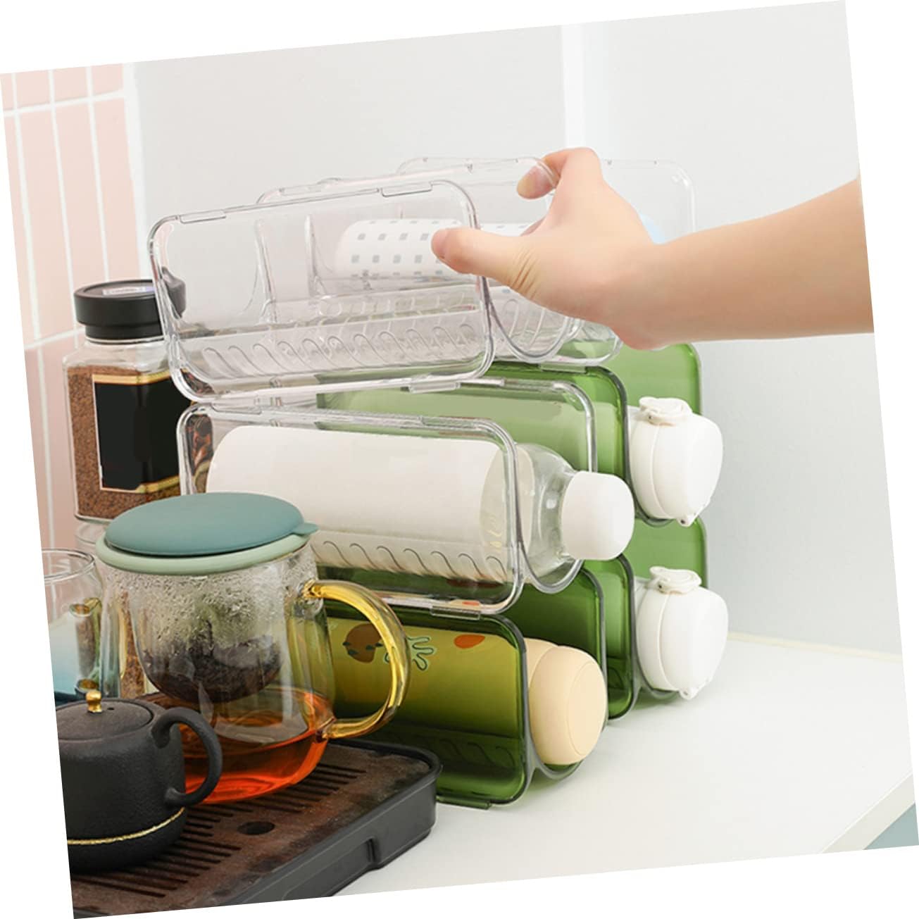 PRETYZOOM 4sets Cup Rack Bottles Storage Stackable Rack Container Fridge Collapsible Can Dish Drying Rack Sponge Holder Beverage Dispenser Mug Wine Refrigerator Water Bottle Storage 2pcs*4