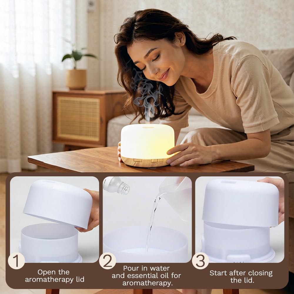 500ml Premium Essential Oil Diffuser,Quiet 4-in-1 Ultrasonic Aromatherapy Humidifier,7 Color LED Lights,with Adjustable Automatic Timer Off Function and Spray Mode. (Light Woodgrain,Classic Model) - Image 8
