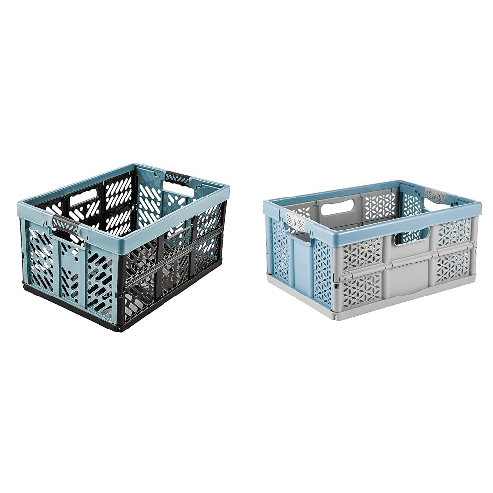 Caisses pliables keeeper avec poignées confort, bacs de rangement robustes 45L et 32L bleu