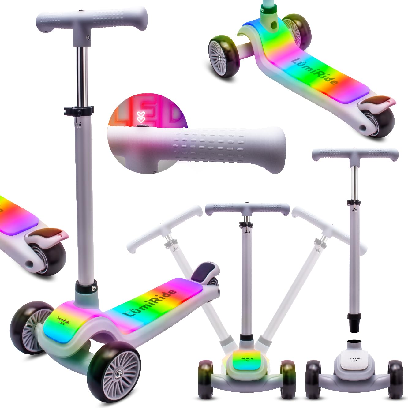 LUMI Ride Patinete niño Tres Ruedas Infantil Balance LED 3+, Plegable, Manillar Ajustable, Freno de Pie, Plataforma Antideslizante, Manillar Desmontable