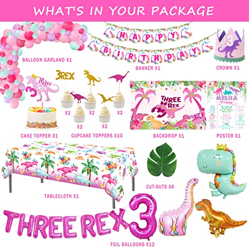 139 Pcs Three Rex Birthday Party Decorations Girl, Hombae Dinosaur 3Rd Party Decorations Girl Backdrop Balloon Garland Arch Leaves Banner Tablecloth Cake Cupcake Topper Crown Poster Rex Theme Pink #TOP1