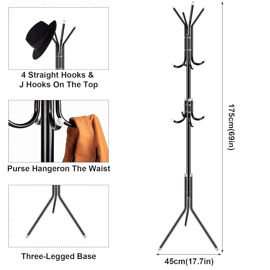 LONENESSL Coat Rack, Metal Coat Rack Stand With 3 Height 12 Hooks, Sturdy Freestanding Coat Rack For Clothes/Bags/Hats, Coat Stand For Home/Entryway/ Office/Hallway (Black