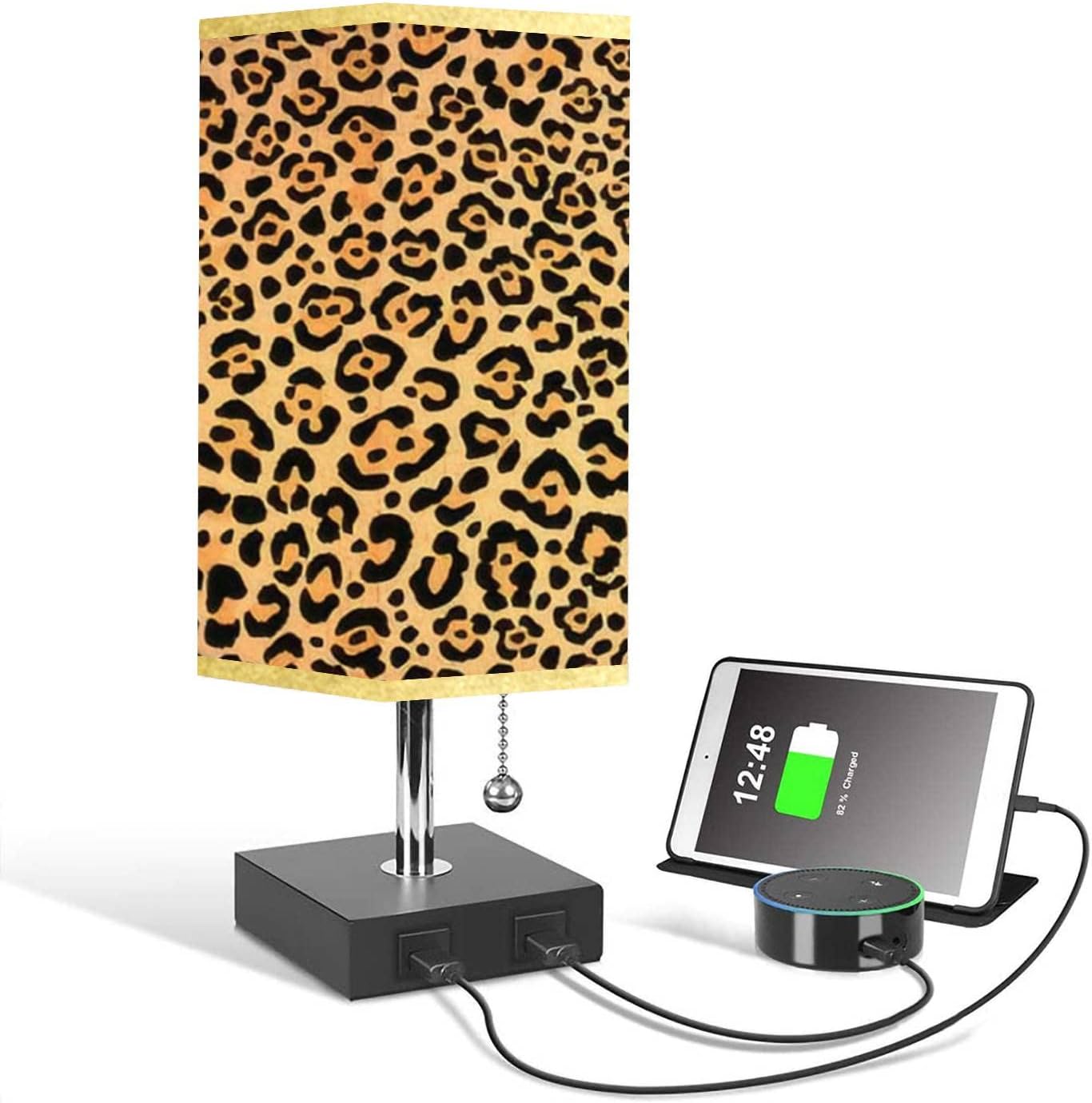 Bedside Table Lamp with 2 USB Ports Animal Print Leopard Skin Seamless Wild Cheetah Fur Fabric Fabric Shade Dimmable Square Modern Nightstand Lamp Desk Lamp for Bedroom Living Room