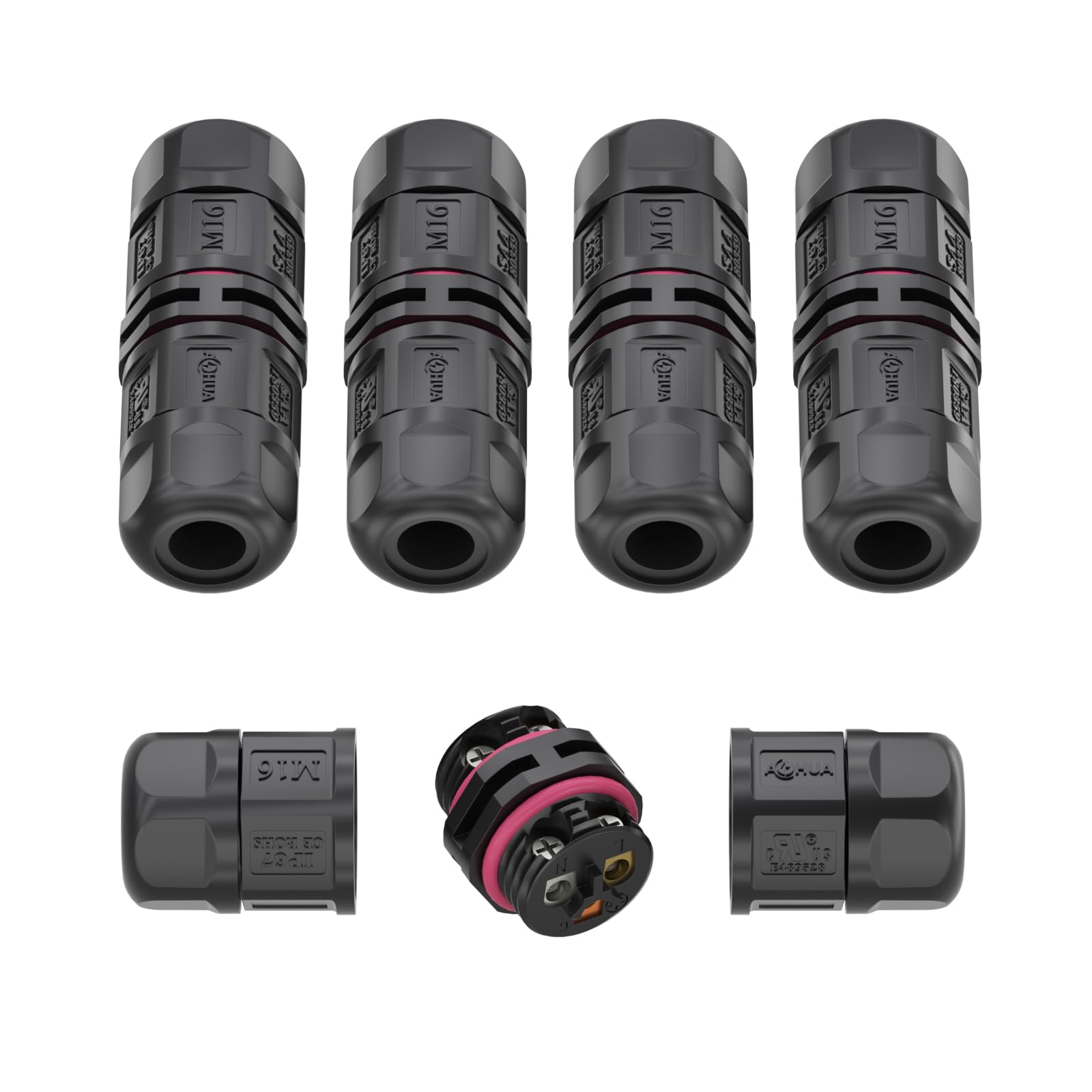 AOHUA 5-Pack Waterproof Junction Box, M16 3-Pin IP68 Outdoor Electrical Wire Connector for Ø5.5-9.5mm Cables (500V/20A), for Underground, Garden Lighting & Landscape Wiring, UL/CE/SAA/RoHs Certified