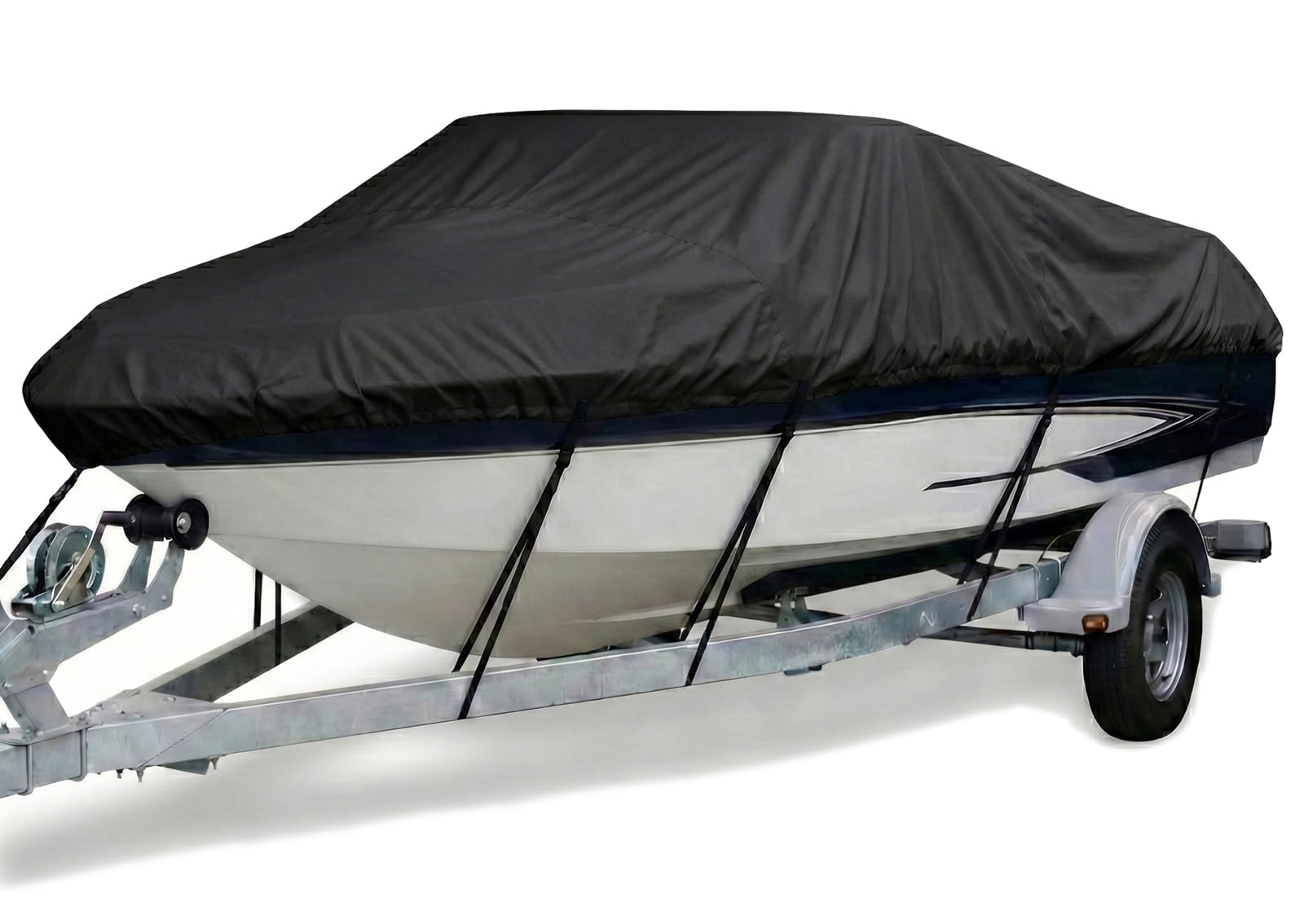 Bâche Bateau 600D Renforcée, Housse de Bateau Remorquable et Imperméable, Toile Oxford Marine Anti-UV pour Coque en V, Tri-Coque, Runabout, Bass Boat,Noir,17'~19'×96"