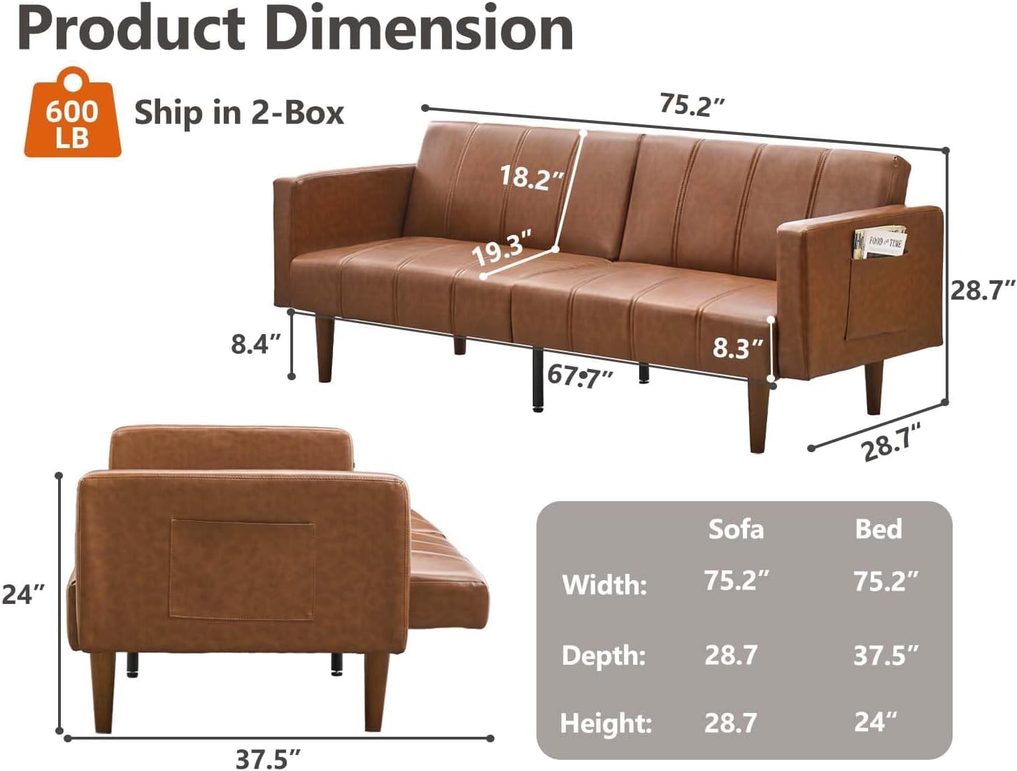 75" Convertible Futon Sofa Bed, Mid-Century Modern PU Leather Couch with Adjustable Backrest, Sleeper Loveseat with Side Pockets, Easy Assembly for Living Room & Guest Room (Brown)