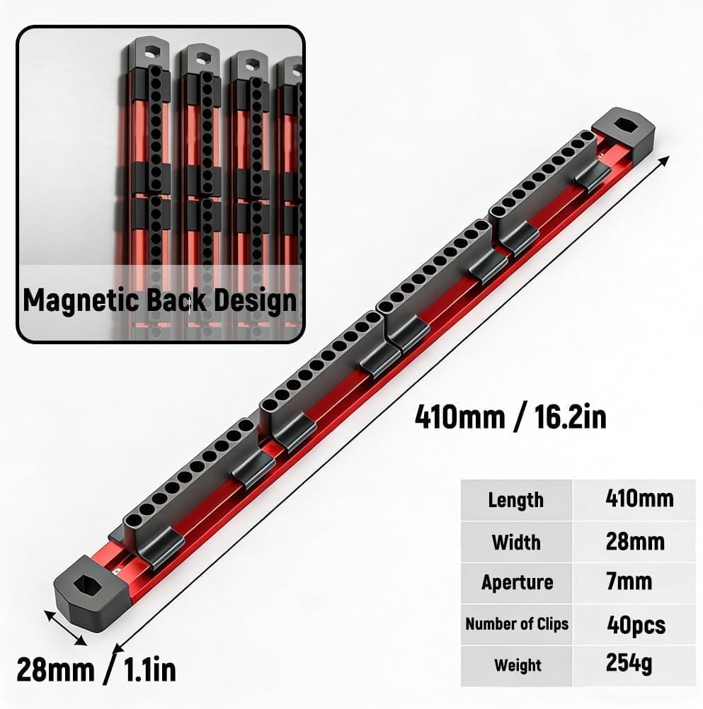 HUHAO Pro-Series Aluminum Magnetic Hex Bit Organizer Sliding Rail Holder,40-Slot 1/4" Drive Holder,Organizer Sliding Rail Heavy Duty Holder,High Strength Magnetic Secure Grip, Storage Fast Access,3pc