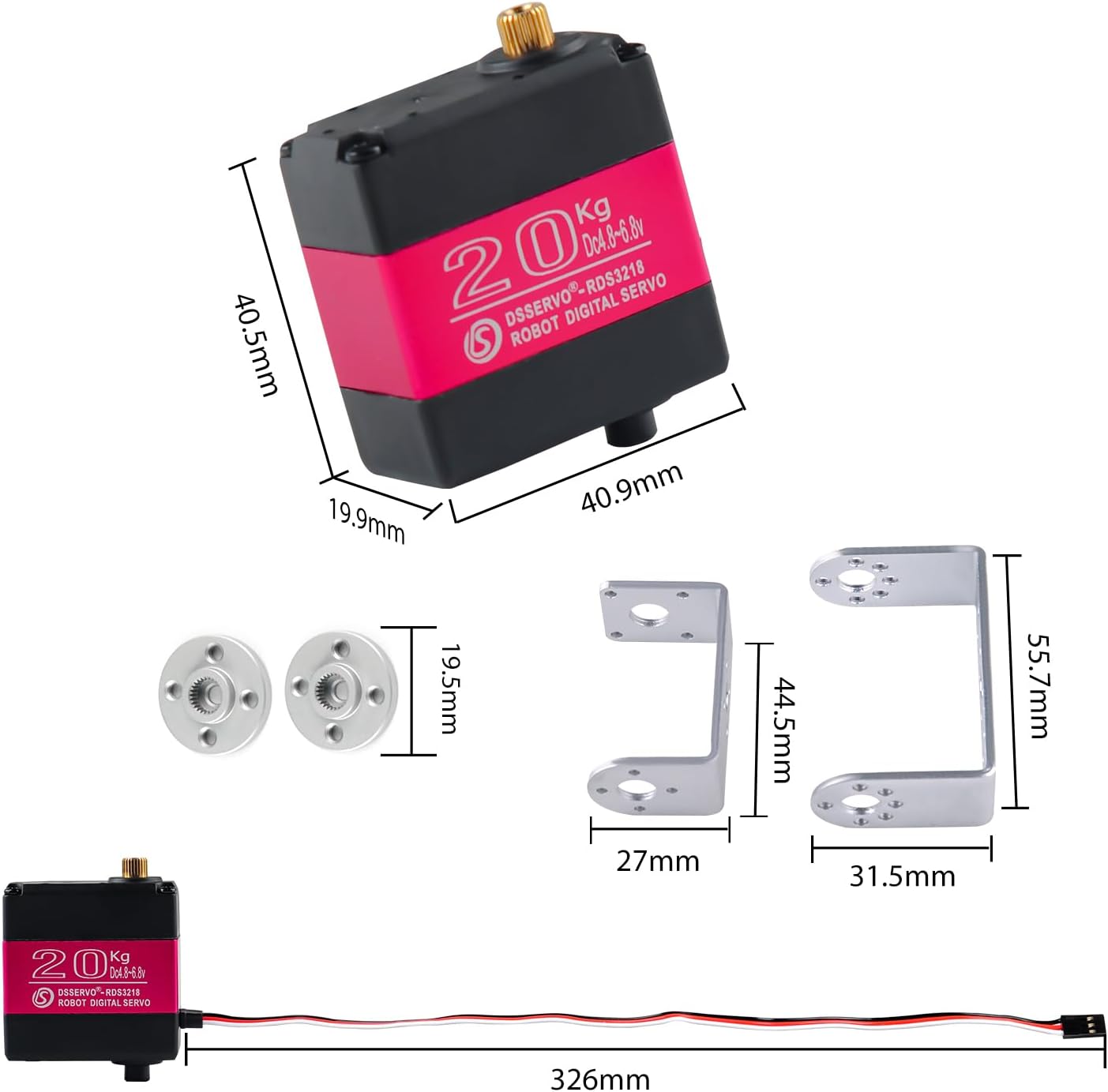 RDS3218 Digital Servo, 20KG Dual-Axis High Torque, Waterproof IP66, Full Metal Gear with U Bracket, 180° Adjustable, for RC Cars, Crawler, Robot, 1/8 1/10 Scale Buggy (1PCS 270 Degree Servo)