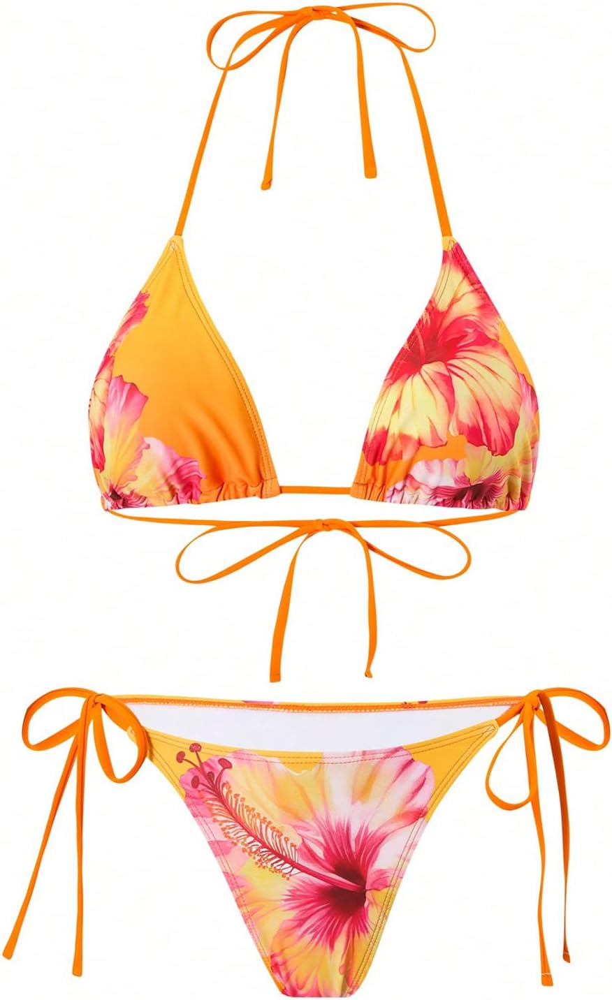 SOLY HUX Women's Bathing Suits 3 Piece Swimsuits Floral Halter High Cut Bikini Set with Mesh Coverup Wrap Skirts - Image 3