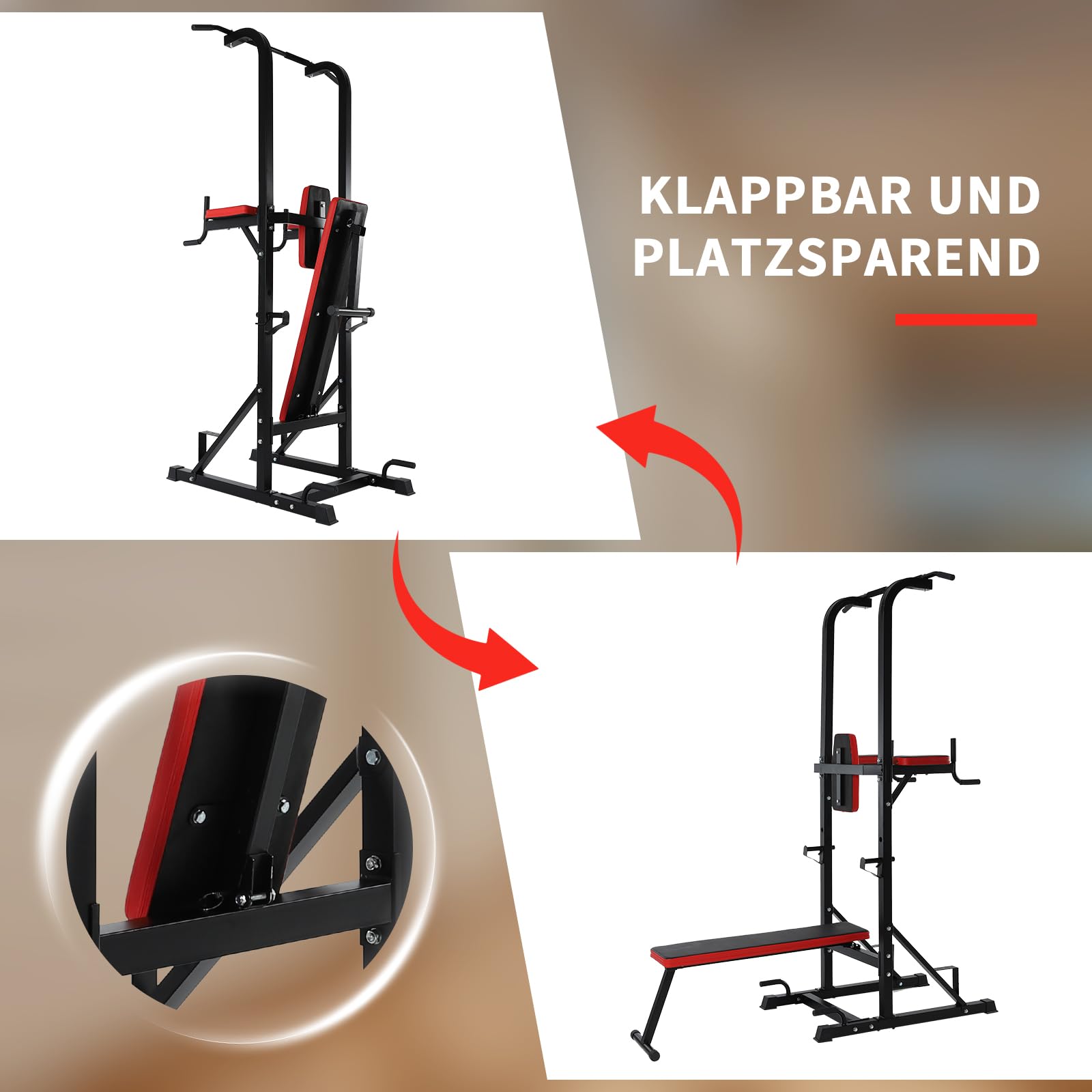 ISE Power Tower,Klimmzugstange Freistehend, Multifunktions Dip Station mit klappbar Hantelbank,Klimmzugstation, Klimmzugturm, Kraftturm,Power Tower Dip-Station mit Hantelbank