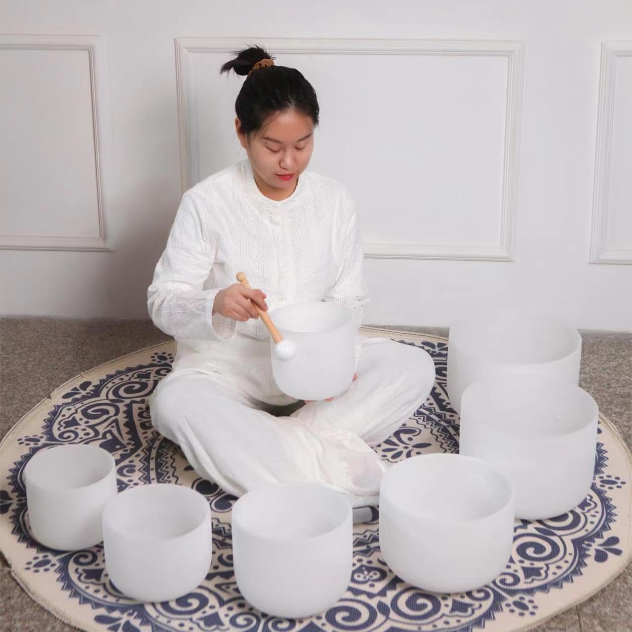 Hye-eun Kristall-Klangschalen-Set 17,8-30,5 cm, 7 Stück, Weiß Quarz Klangschale für Klangheilung, mit 2 Tragetaschen