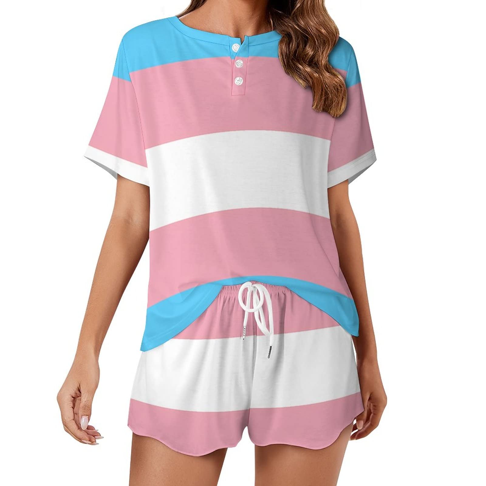 Transgender Pride Flag Women's Pajamas Set 2 Piece Loungewear Short Sleeve Sleepwear Nightwear Casual Outfits XL
