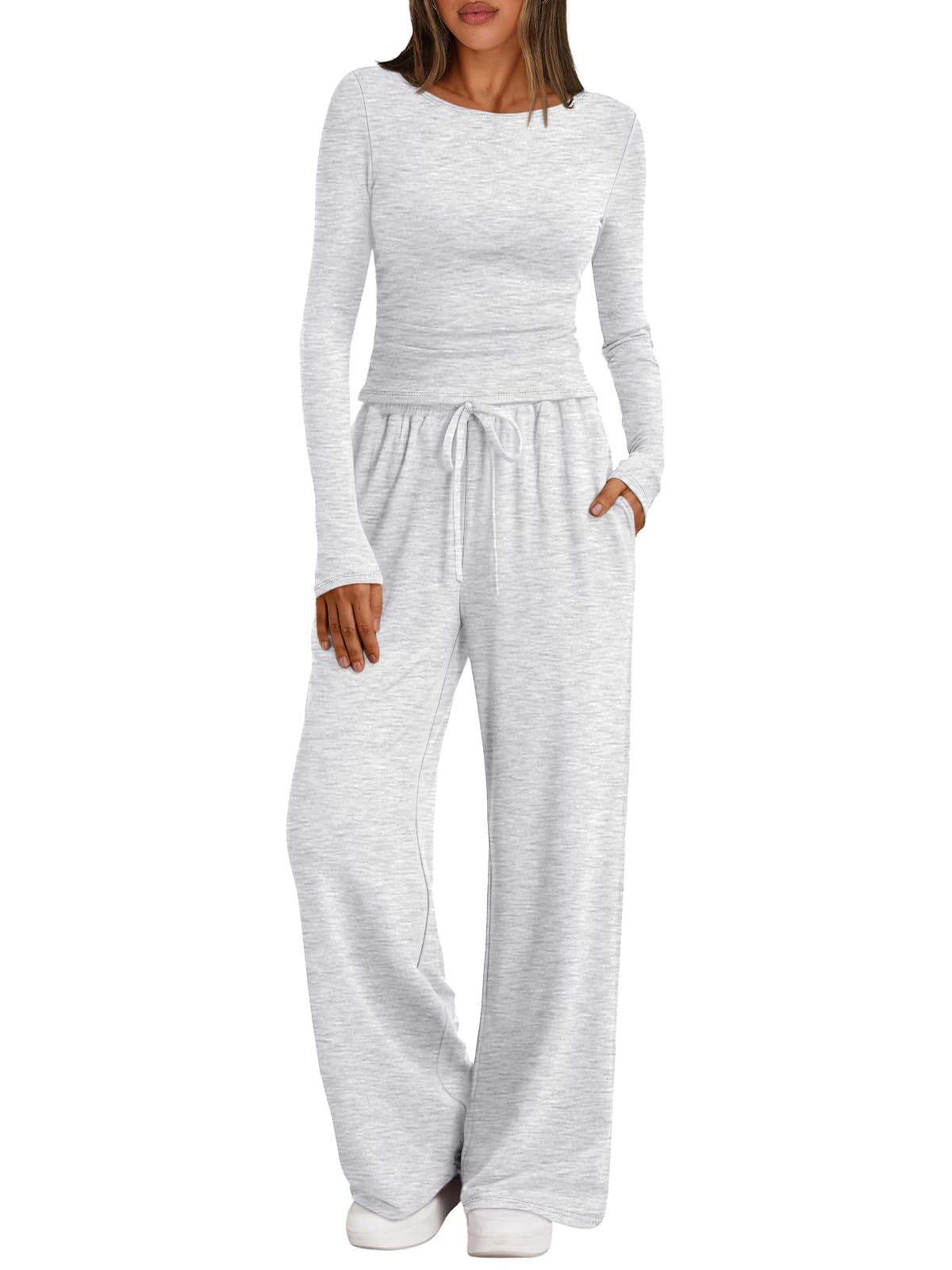 Trendy Queen Womens 2 Piece Matching Lounge Set Boat Neck Slim Fitted Top Wide Leg Pants Casual Tracksuits