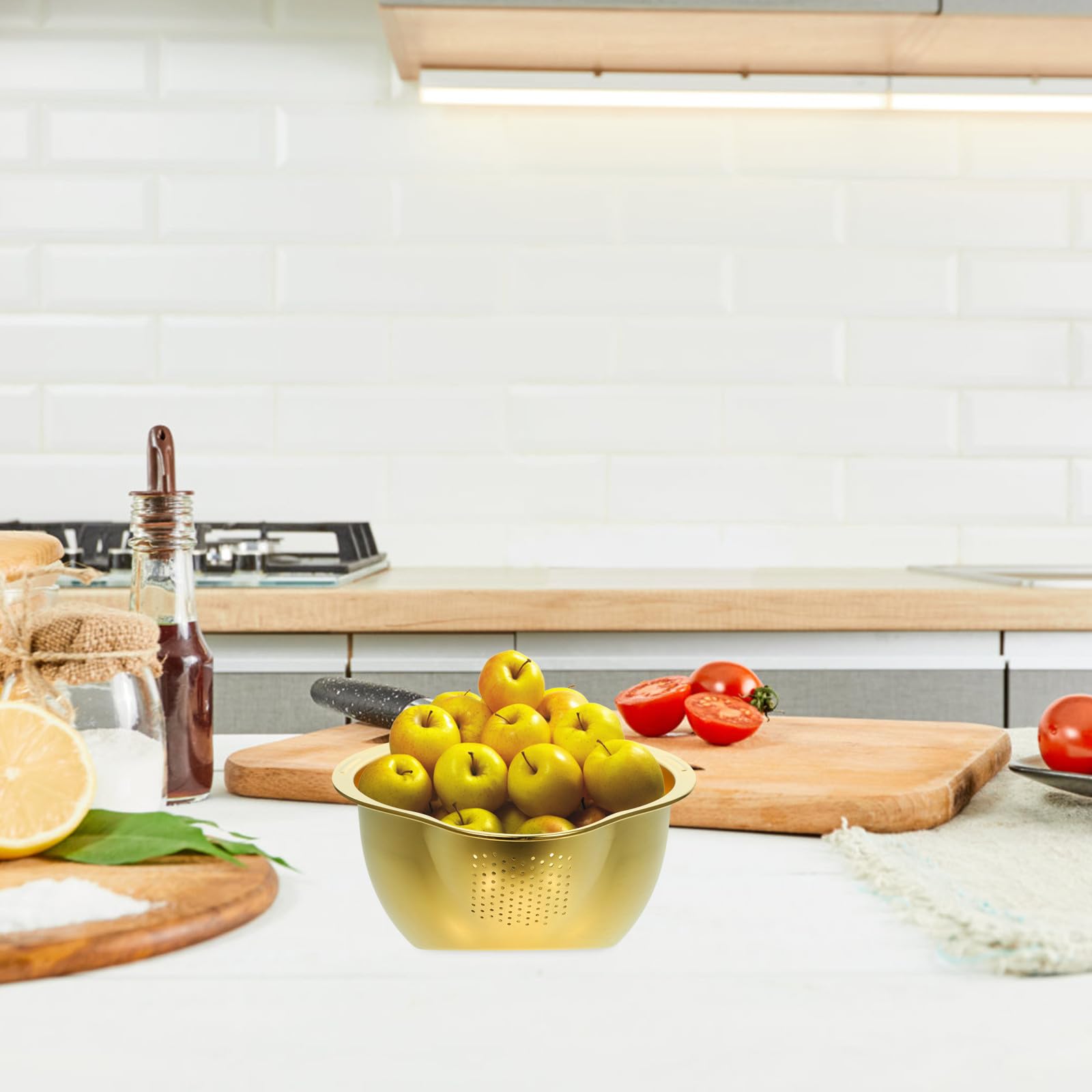 VALICLUD Colador de Cocina de Acero Inoxidable Dorado para Escurrir Verduras y Fideos, Cesta Estable para Almacenamiento y Lavado en Hogar