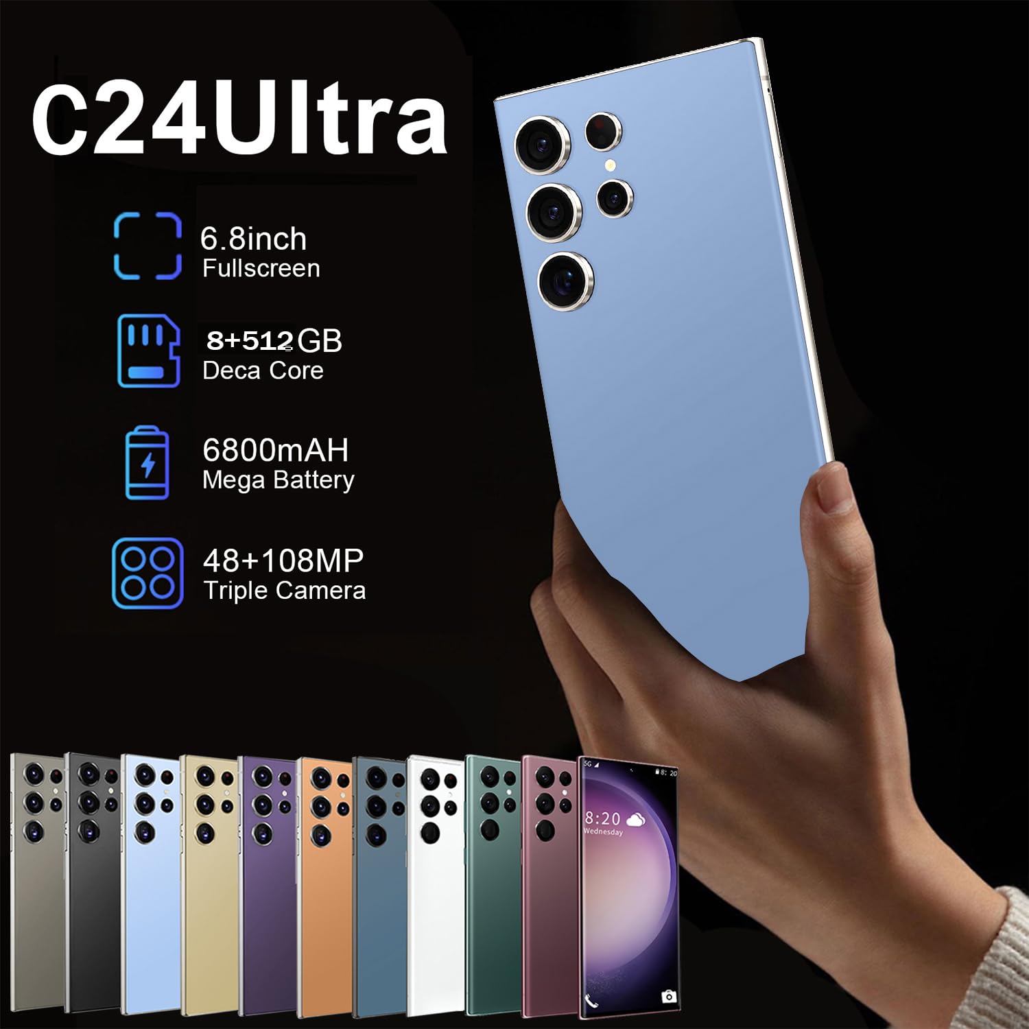 I24 Ultra 5G Unlocked Phone,8+256GB with 128GB Memory Card Cell Phone,Built in Pen The Phone,Smartphone Battery 6800mAh 6.8" HD Screen,5G/Face ID/Fingerprint Lock/GPS (Sky Blue)
