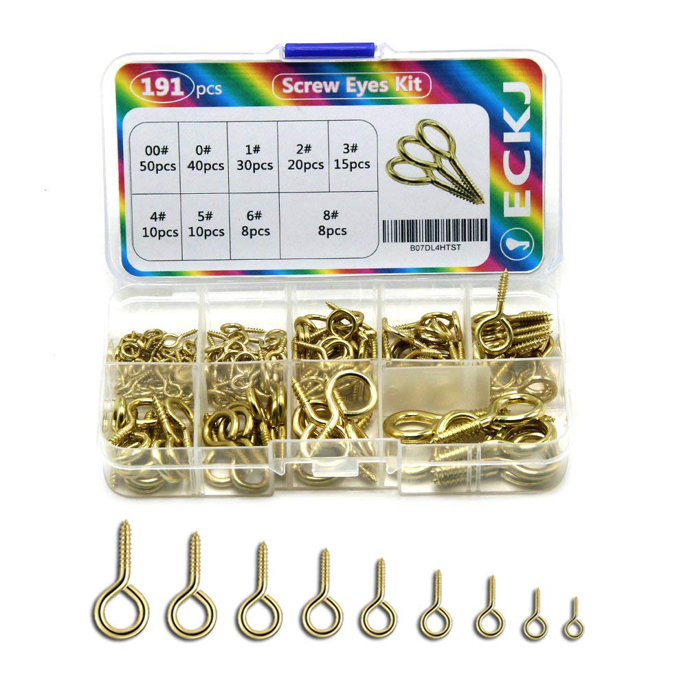 ECKJ 191pcs Screw Eyes Brass Plated Metal Eye Shape Screw Self Tapping Screws Includes 9 Sizes Color Gold