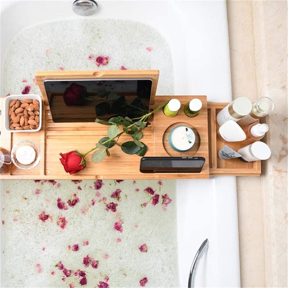 Bandeja para bañera, Puente de baño, Estante de Almacenamiento telescópico con Espejo para baño y hogar
