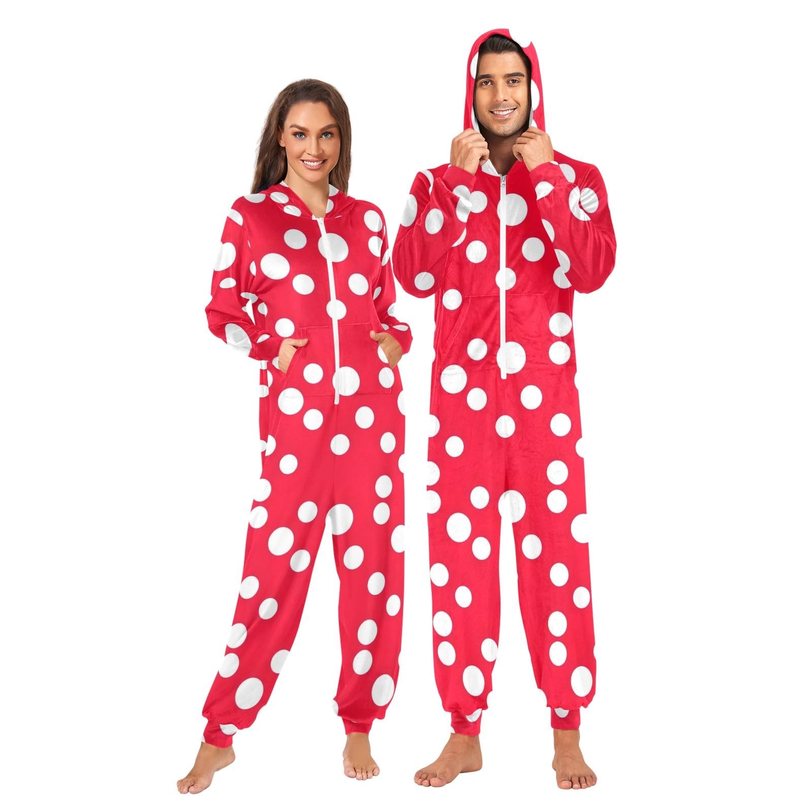 Pigiama intero bianco a pois rossi per adulti, tuta con cappuccio in peluche per uomo donna abbigliamento da casa natalizio