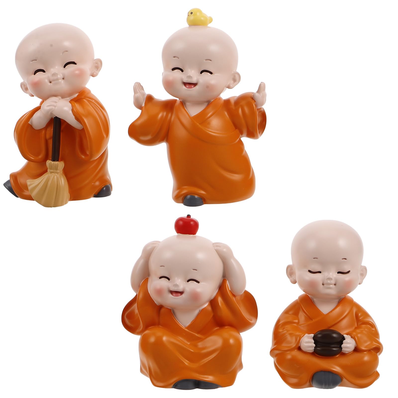 4 Piezas Mini Figuras de Monje de Resina Naranja