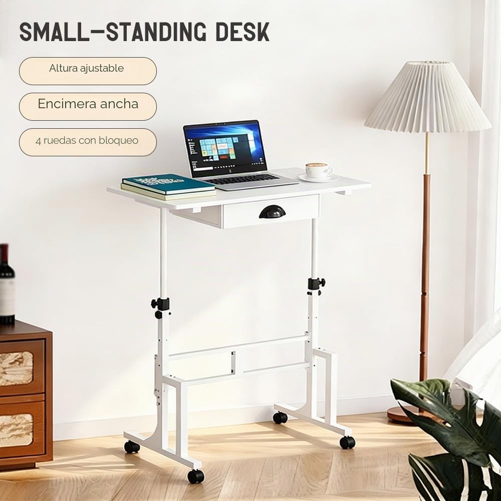 Escritorio Ajustable con Cajón de Tela y Ruedas | Altura regulable de 80 a 110 cm, Superficie de 81 × 40 cm, Blanco, 4 Niveles de Ajuste, Ideal para Trabajo y Estudio