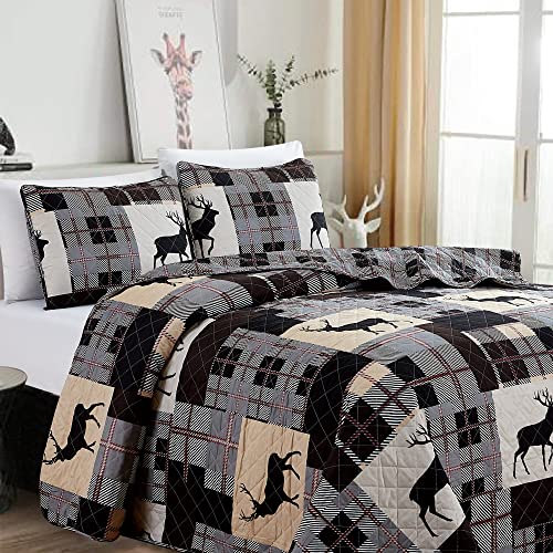 Market & Place 3 Piece Reversible Quilt Set With Shams | All-Season Soft & Lightweight Bedspread | Rustic Lodge Cabin Plaid Patchwork Design | Everest Collection (King, Grey/Taupe) #TOP3
