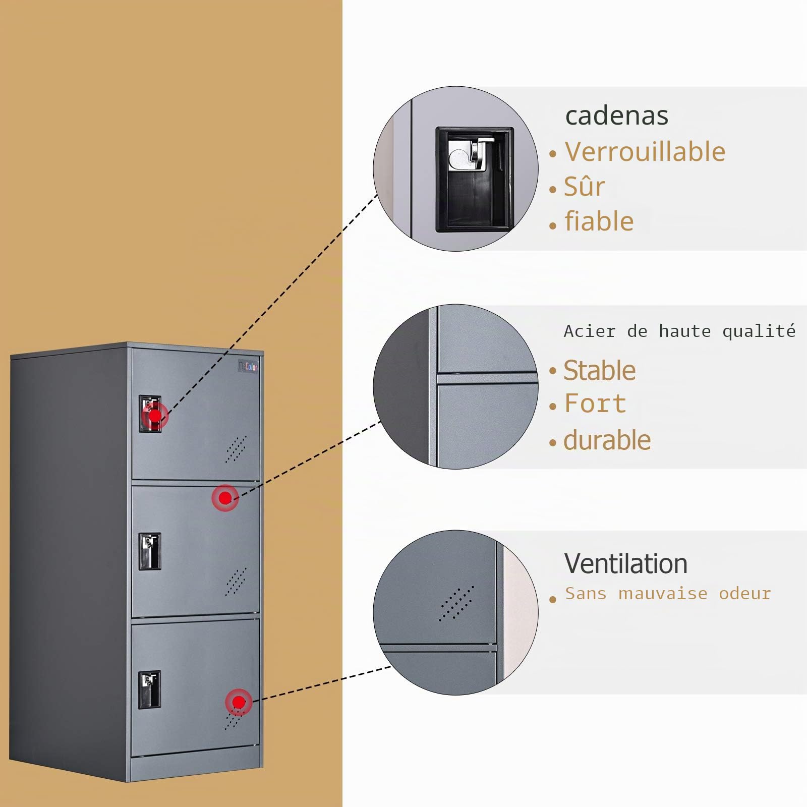 MECOLOR Petit casier Vertical à Un Niveau avec loquet à Cadenas à 2 ou 3 Compartiments de Rangement pour employé, Maison, Bureau, école, Enfants (entièrement Blanc, P2V) (Gris, P3V)