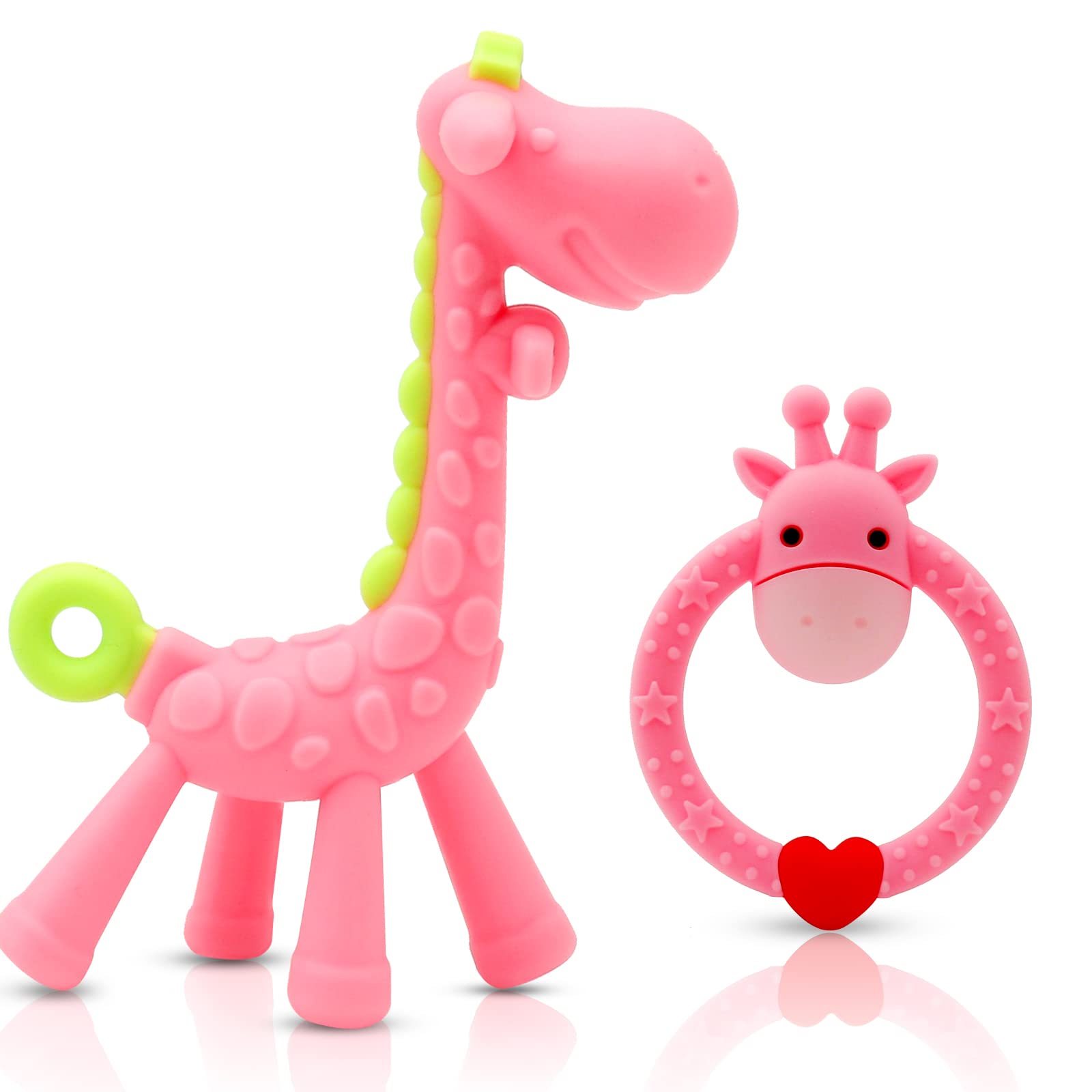 Baby Teether Toy, Teething Giraffe Toy, Silicone Baby teether Toys, Easy to Hold and Clean Up, for 3 Months Above Infant Sore Gums Pain Relief (Pink)