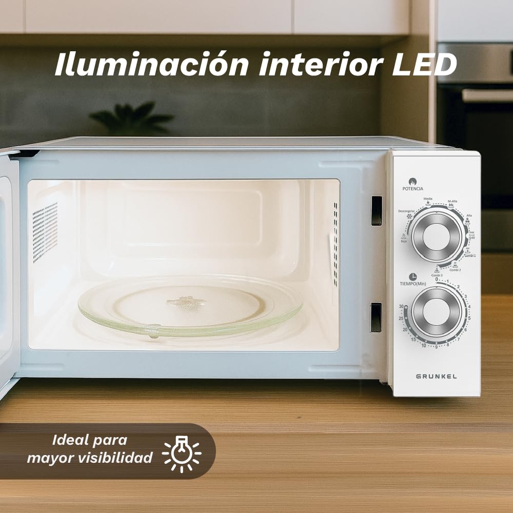 Grunkel Microondas con grill de 25 Litros, 900W + 1000W 5 Niveles de Potencia, 3 Modos Combinados, Temporizador 30 min Apertura con Tirador y Bandeja Ø245 mm