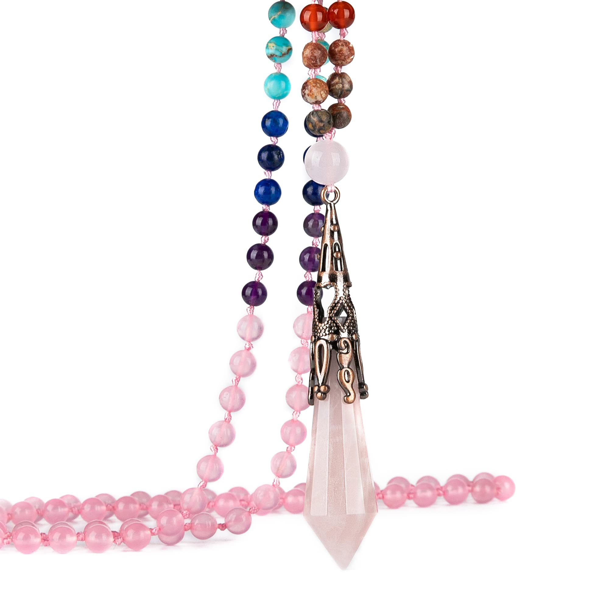 Bivei7 Chakra Healing Necklace with Real Stones 12 Faceted Prism Witch Pendulum Crystal Gemstone Hand Knotted 108 Beads for Meditation Anxiety Yoga Beads, Stone, not known,