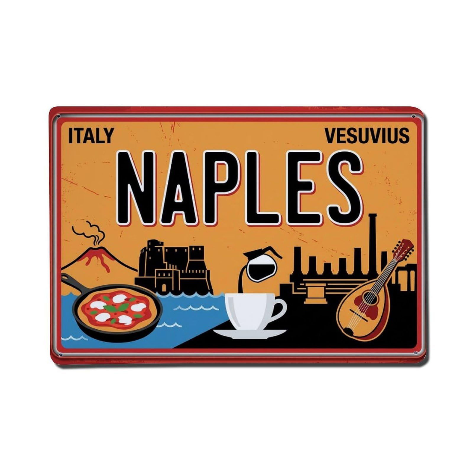 Vintage Travel Naples Italy Vesuvius Pizza Metal Tin Sign