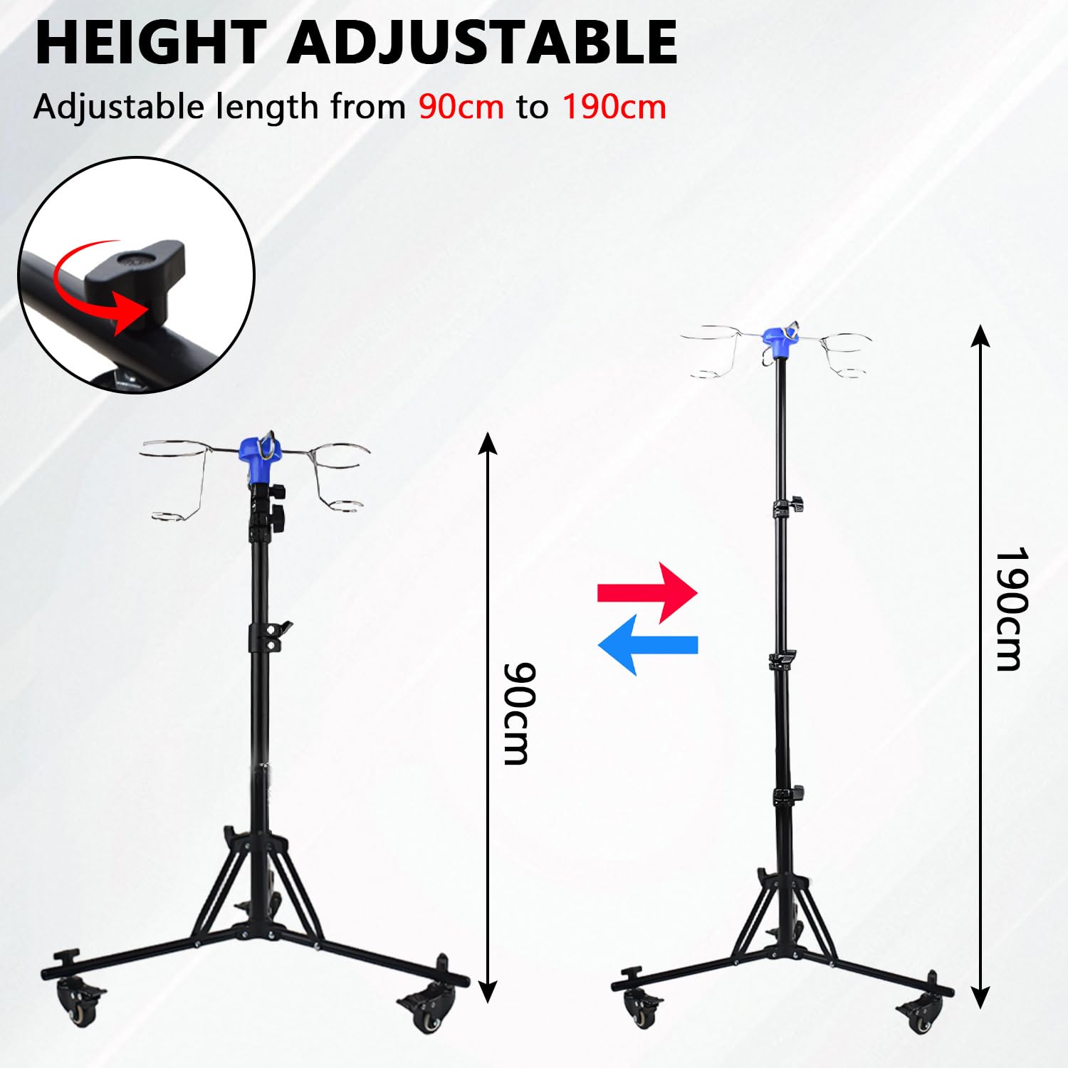 Soporte de infusión con ruedas, plegable, con soporte de acero inoxidable, gancho y paleta, soporte de infusión de acero inoxidable, altura ajustable de 90 a 190 cm
