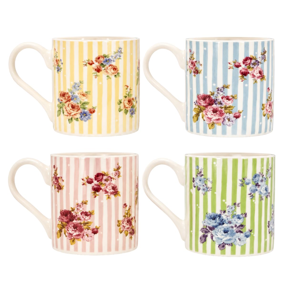Set of 4 Floral Striped Mugs 390ml Pink Green Blue New Bone China Coffee Tea Cup